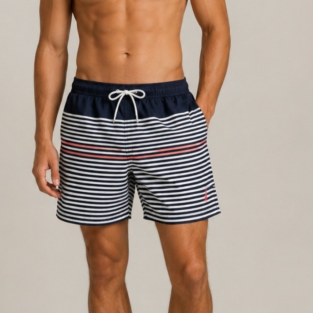 Nautica Swim Trunks Large Navy White Striped Coral Pink Board Shorts‎ Nautical